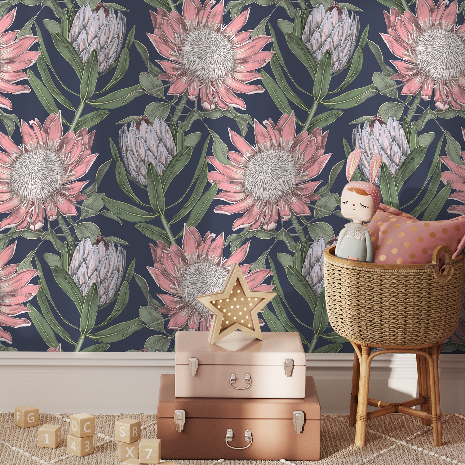 Botanical Wallpaper Featuring Protea Blooms in Pink, Green, and Navy Blue - B998