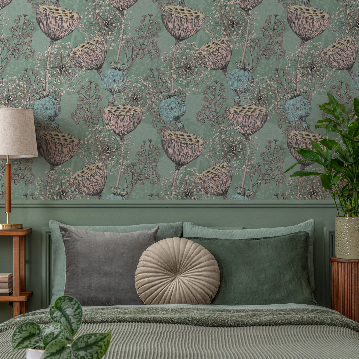 Botanical Wallpaper with Lotus and Poppy Seed Pods in Green, Pink, and Blue - detail view