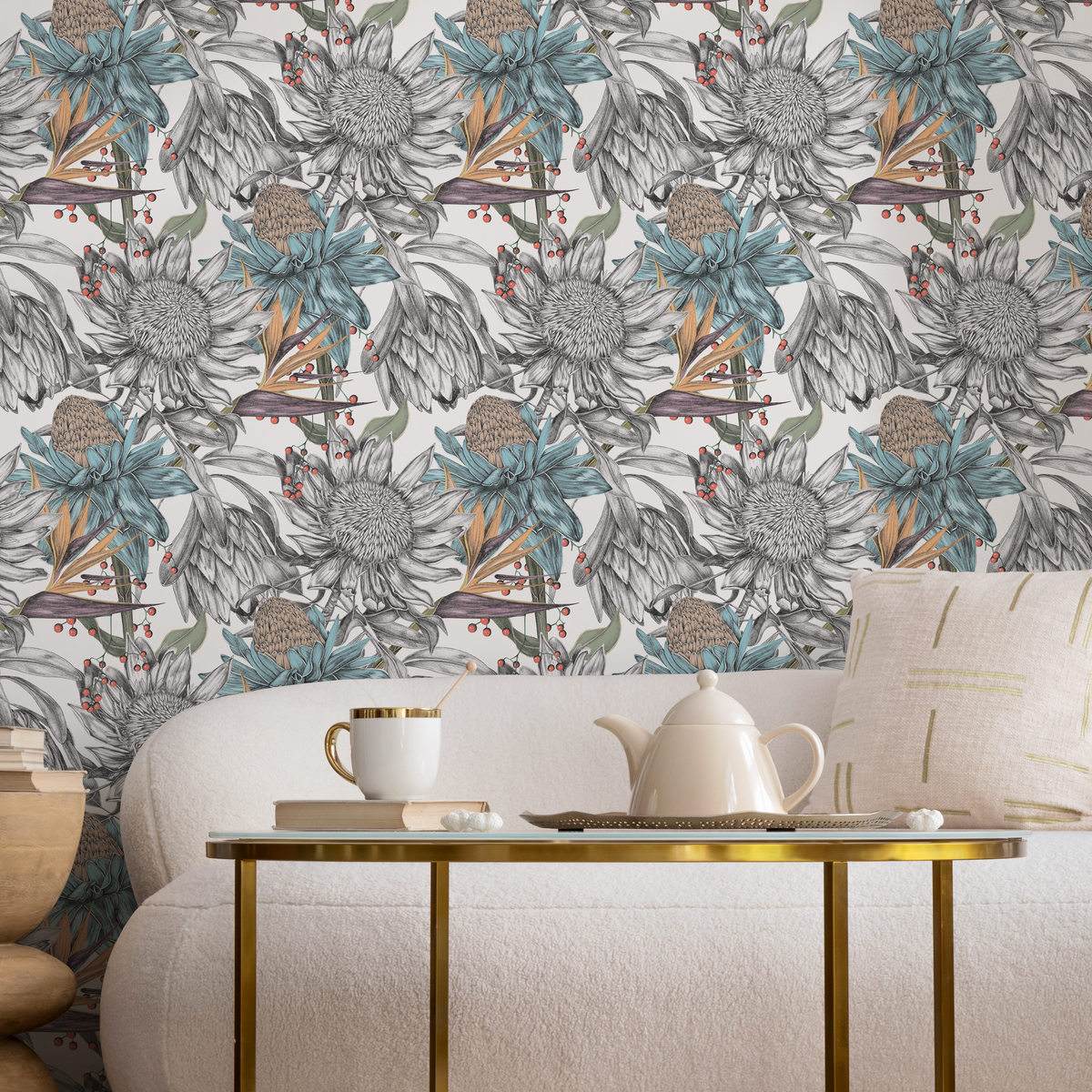 Floral Wallpaper with Sketched Proteas in Blue, Orange, and Gray - detail view