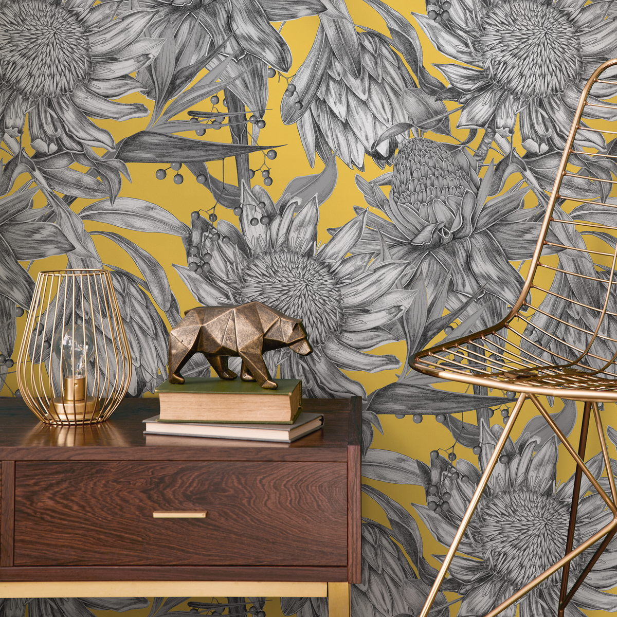 Botanical Wallpaper Featuring Illustrated Protea Flowers in Yellow, Gray, and Black - detail view