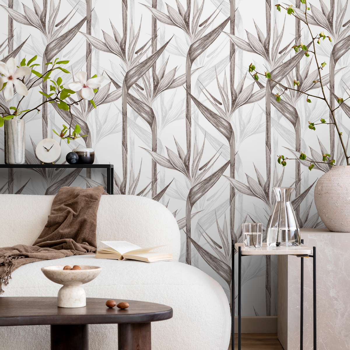 Botanical Wallpaper with Bird of Paradise Flowers in Brown and Gray - detail view
