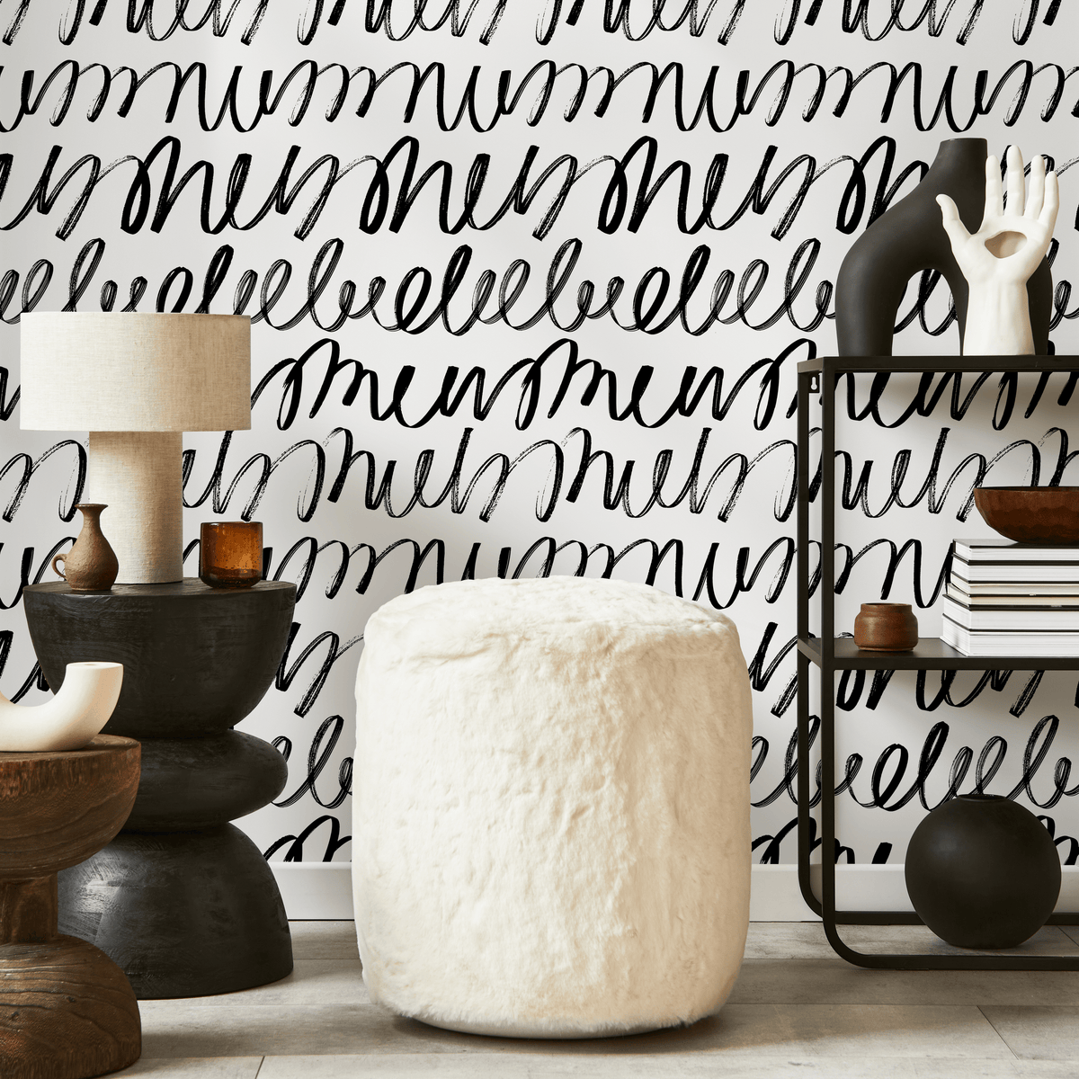 Modern Abstract Wallpaper with a Continuous Script Motif in Black and White - detail view