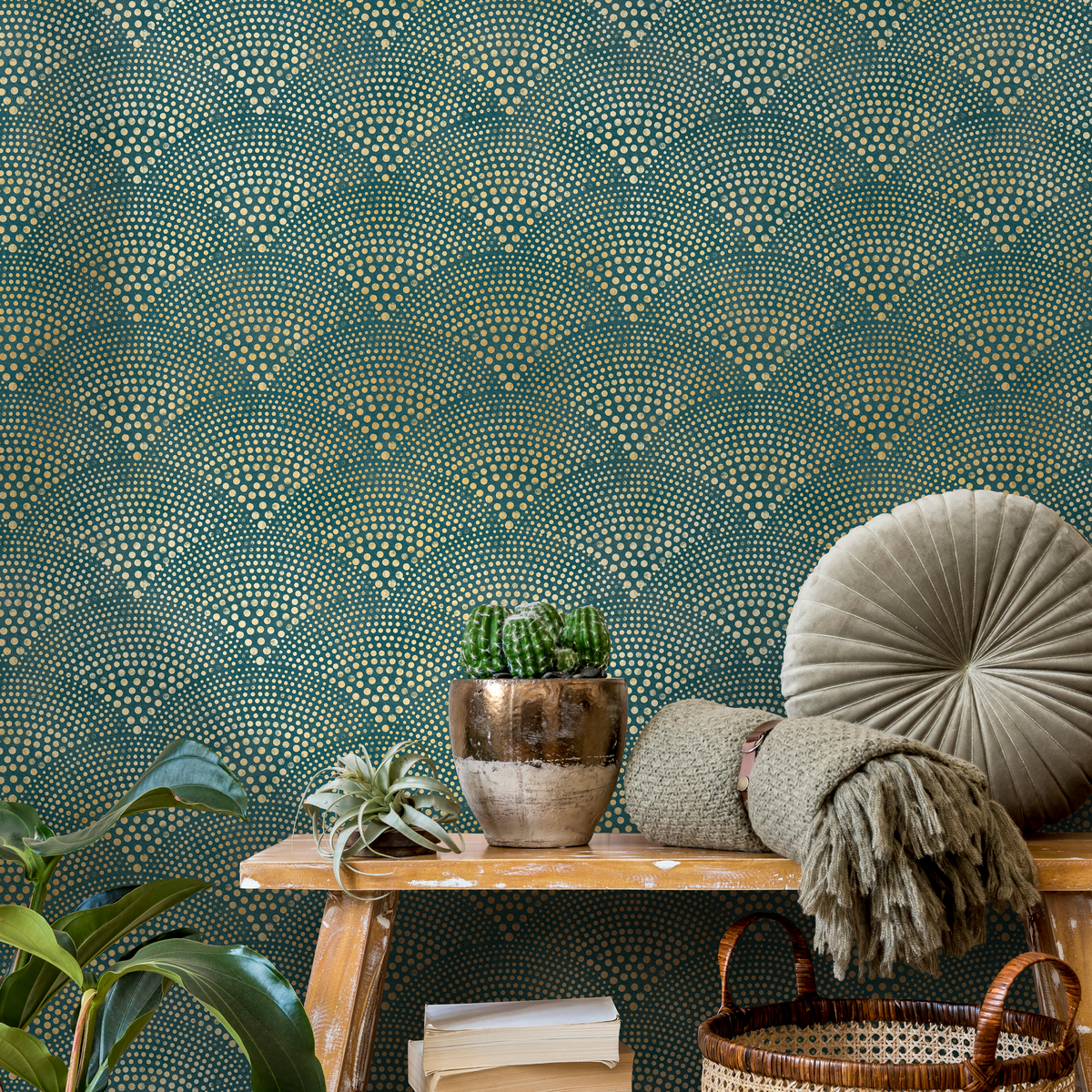 Art Deco Wallpaper with a Radiating Dot Motif in Teal and Gold - detail view