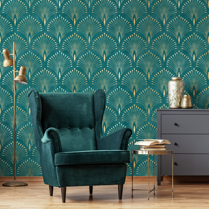 Gold and Teal Art Deco Palms Wallpaper Peel and Stick and Traditional Wallpaper Non-Metallic Wallpaper - C011