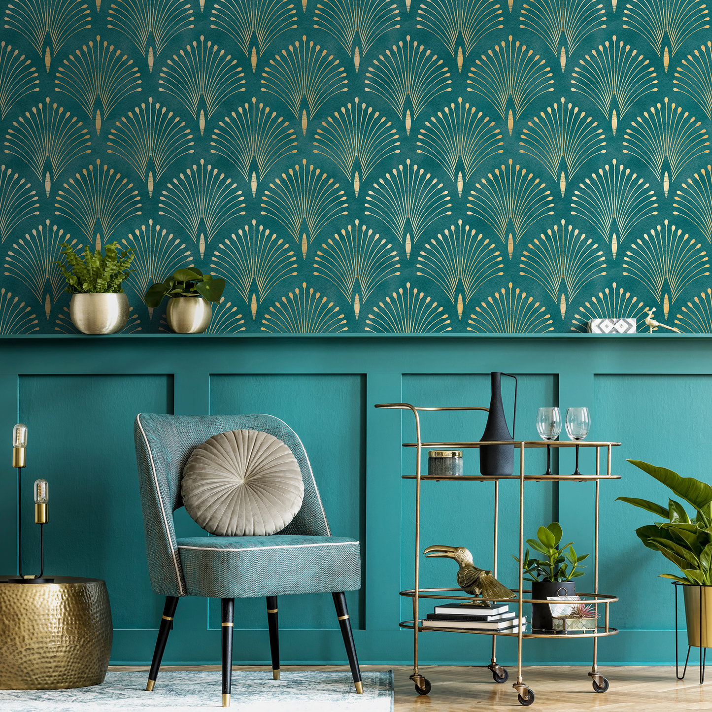 Gold and Teal Art Deco Palms Wallpaper Peel and Stick and Traditional Wallpaper Non-Metallic Wallpaper - C011