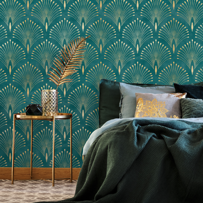 Gold and Teal Art Deco Palms Wallpaper Peel and Stick and Traditional Wallpaper Non-Metallic Wallpaper - C011