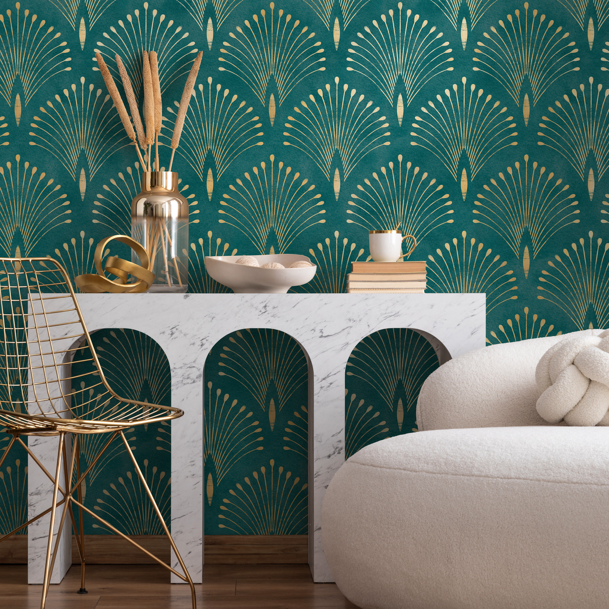 Art Deco Wallpaper with Geometric Palm Fronds in Teal and Gold - detail view