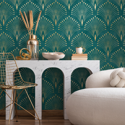 Gold and Teal Art Deco Palms Wallpaper Peel and Stick and Traditional Wallpaper Non-Metallic Wallpaper - C011