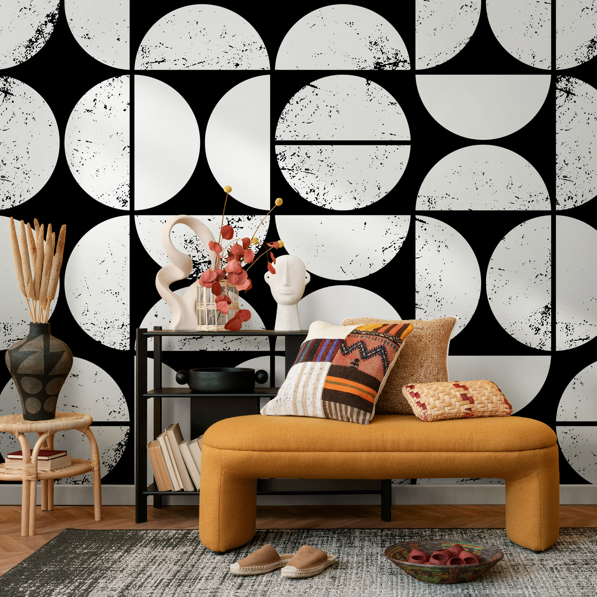 Modern Geometric Wallpaper with a Distressed Circle Grid in Black and White - detail view