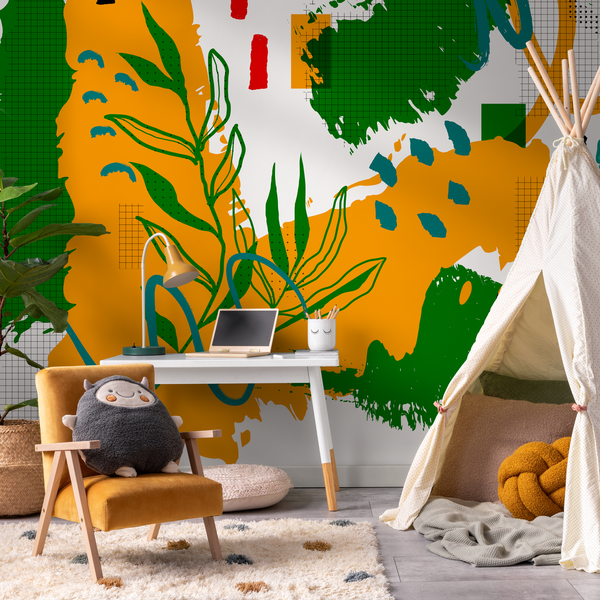 Abstract Wallpaper with a Collage of Shapes and Lines in Mustard, Green, and Red - detail view