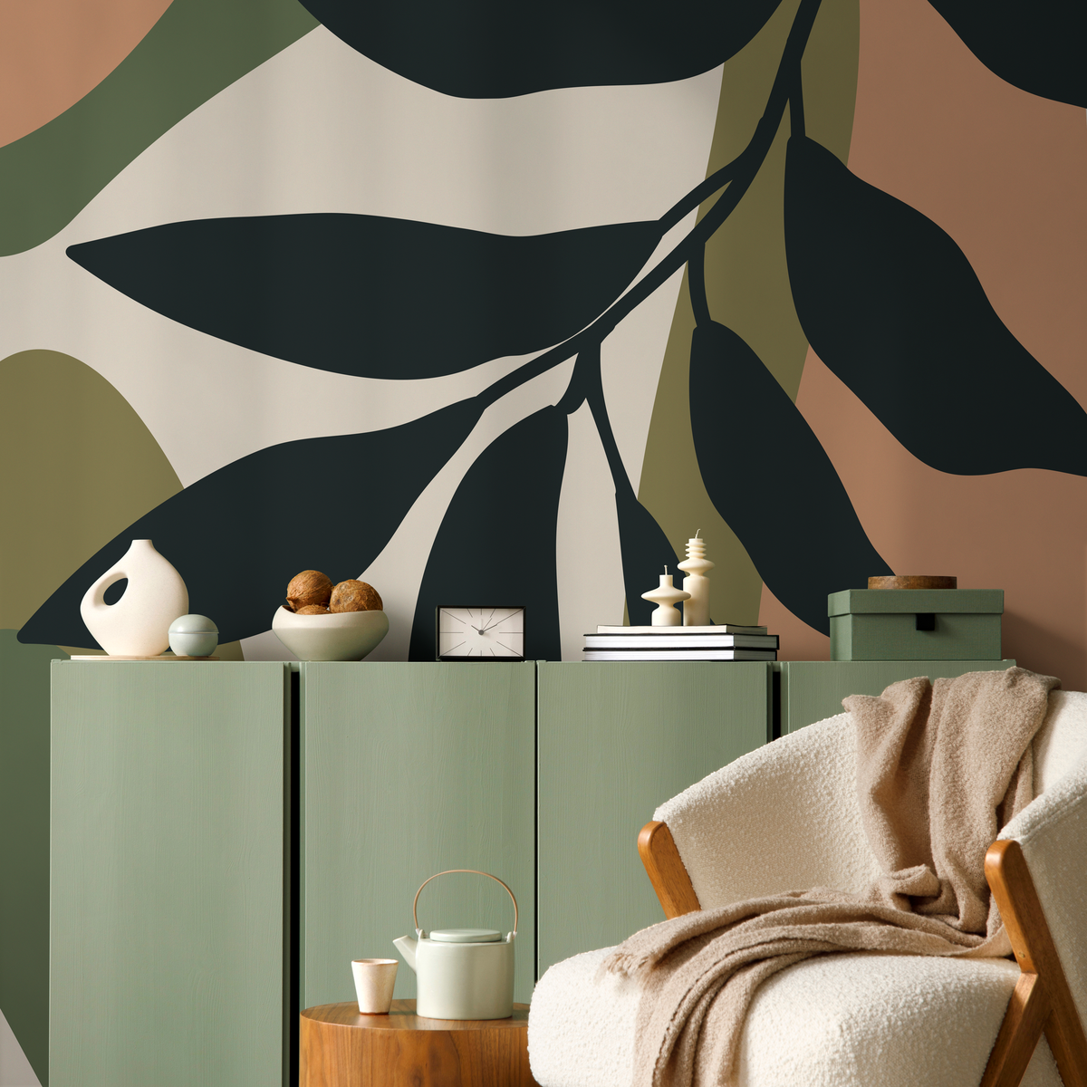 Abstract Botanical Wallpaper in Charcoal, Green, and Terracotta - detail view