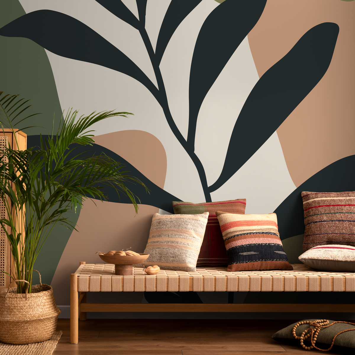 Botanical Wallpaper with Abstract Shapes in Green, Black, and Terracotta - detail view