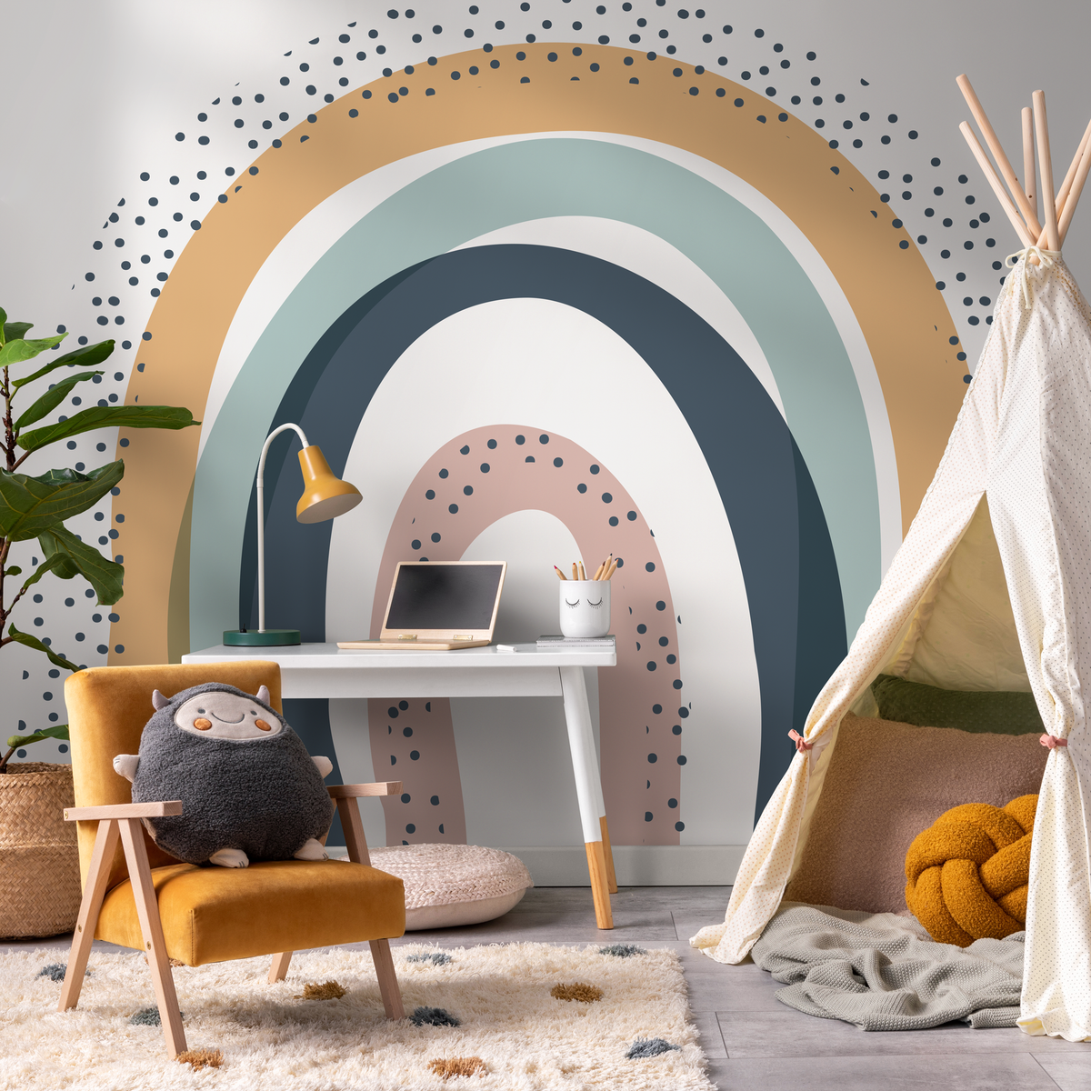 Abstract Wallpaper with a Dotted Rainbow Arch in Pink, Blue, and Ochre - detail view