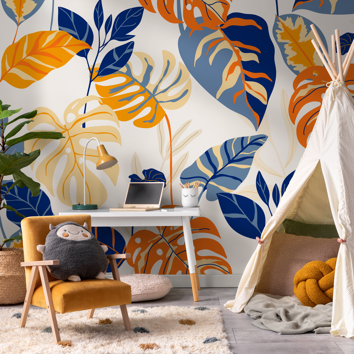 Botanical Wallpaper with Bold Tropical Leaves in Blue, Orange, and Yellow - detail view