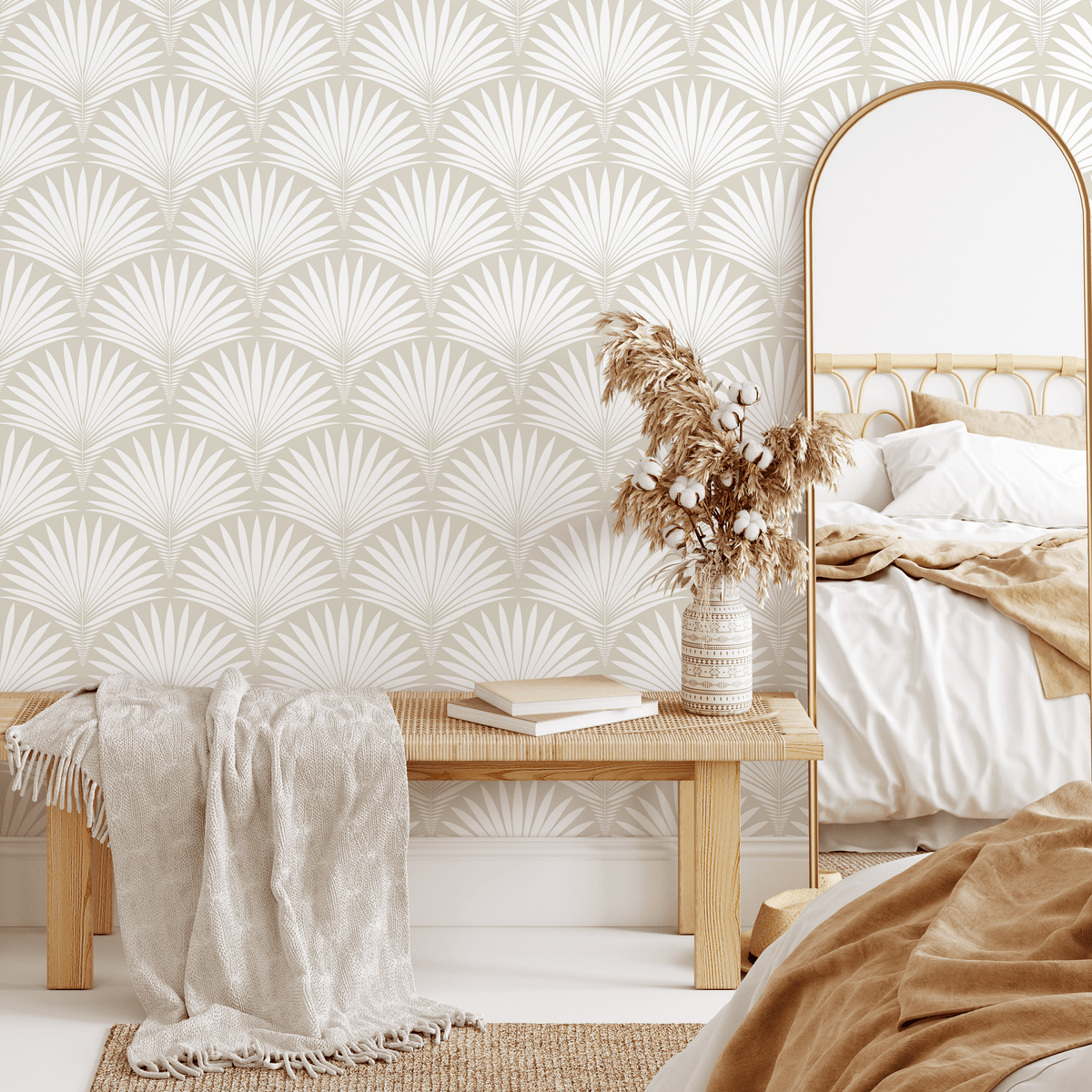 Art Deco Wallpaper Featuring a Fanned Palm Leaf Motif in Beige and Off-White - detail view
