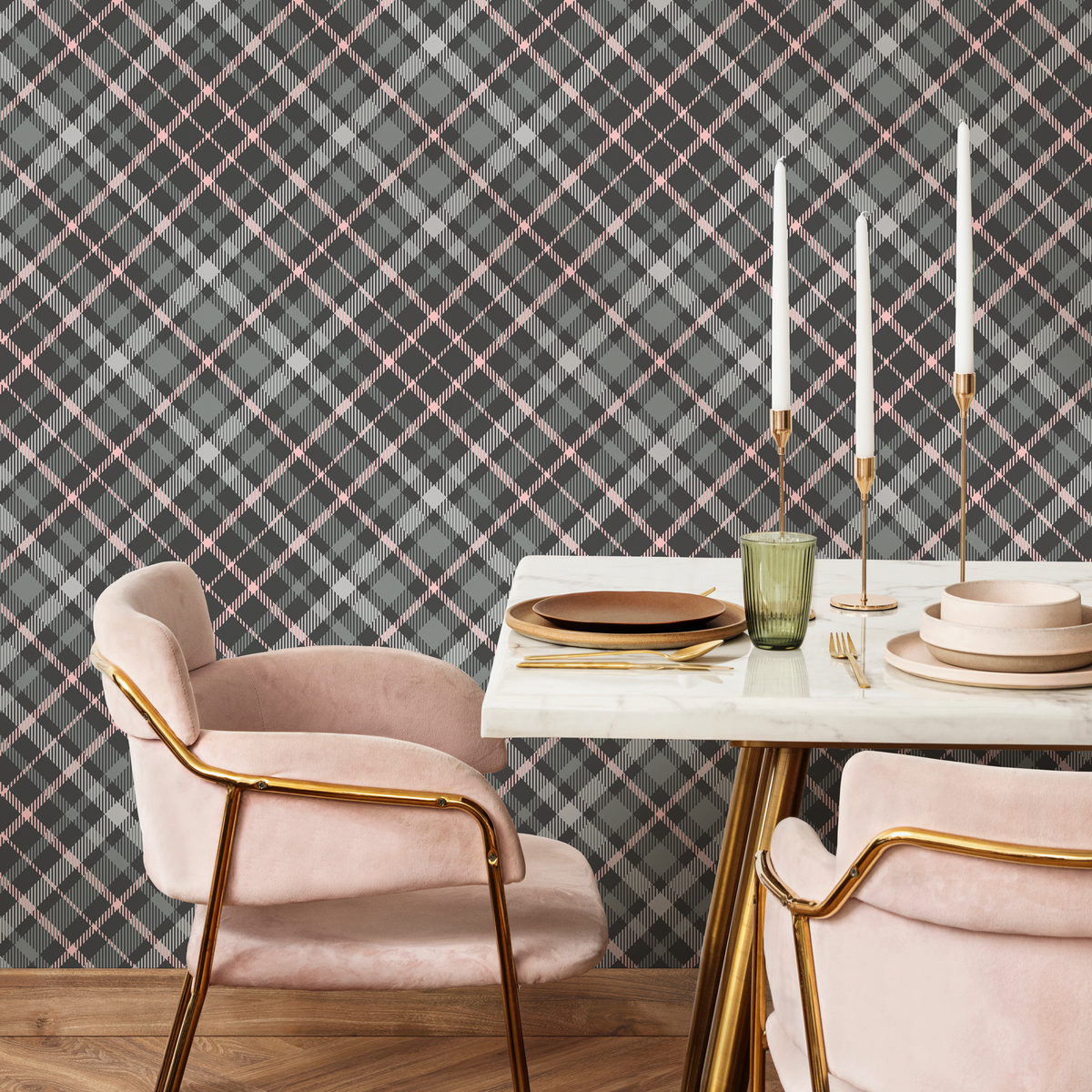 Plaid Wallpaper with a Diagonal Tartan Motif in Dark Gray and Pink - detail view