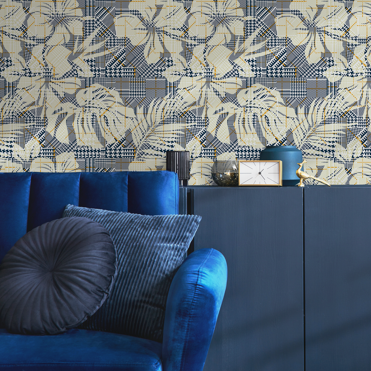 Botanical Wallpaper with Geometric Patchwork in Navy Blue, Cream, and Yellow - detail view