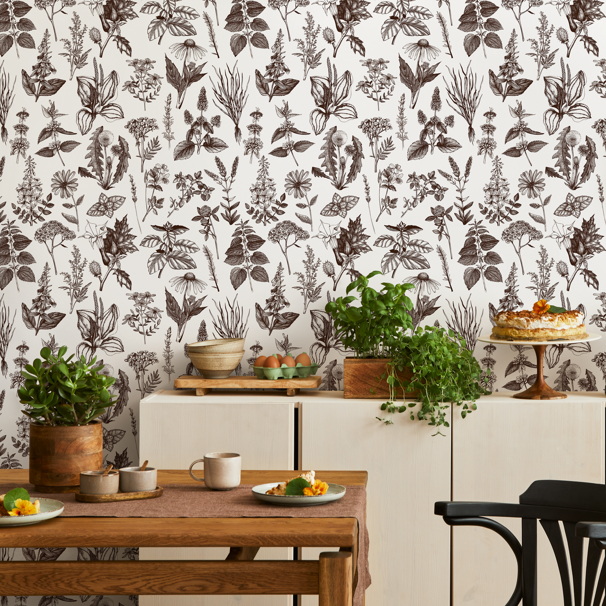 Herbal Wallpaper with Vintage Botanical Illustrations in Brown and White - detail view
