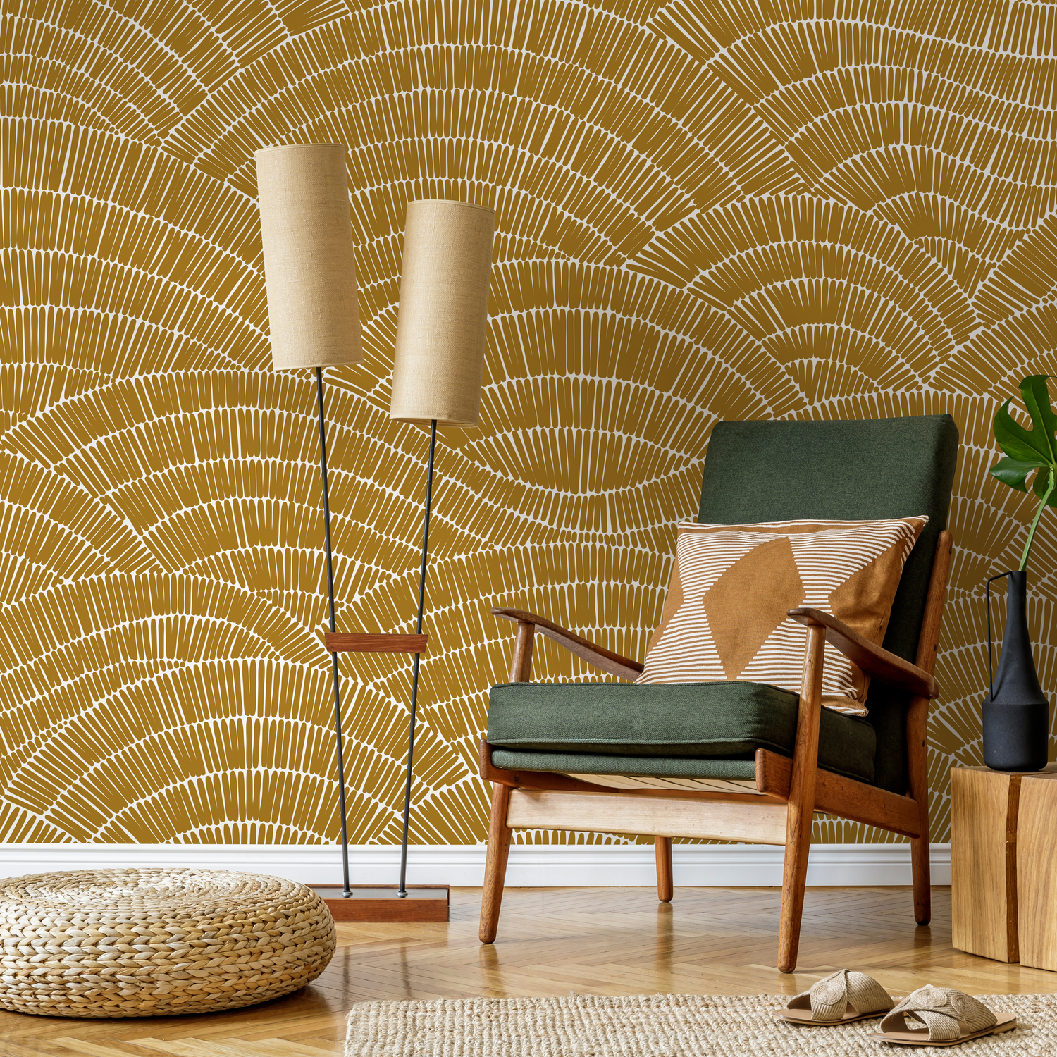 Abstract Wallpaper with a Hand-Drawn Fan Motif in Mustard and White - C025