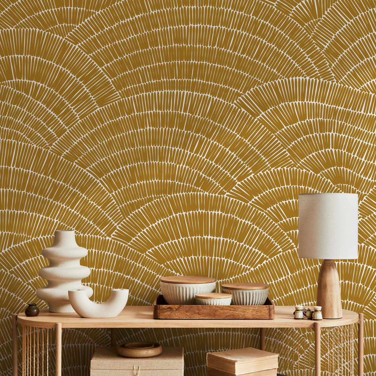 Abstract Wallpaper with a Hand-Drawn Fan Motif in Mustard and White - detail view