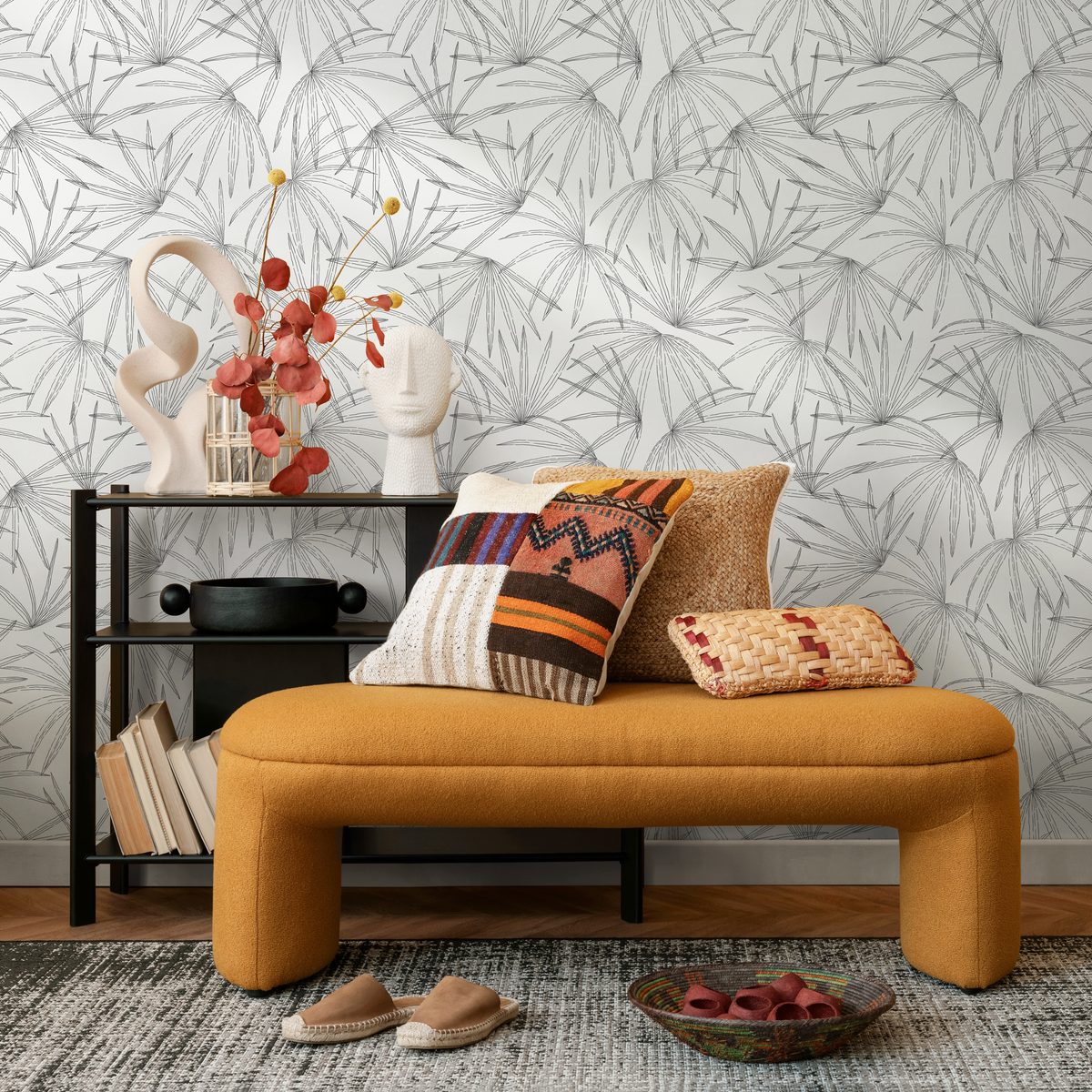 Botanical Wallpaper with a Fan Palm Leaf Line Art in Black and White - detail view