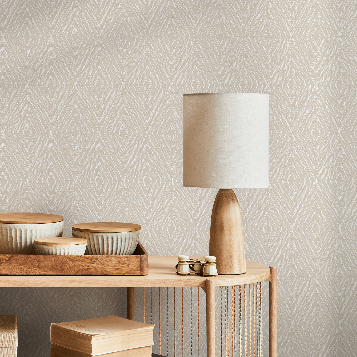 Geometric Wallpaper with a Sketched Diamond Motif in Beige and Cream - C027