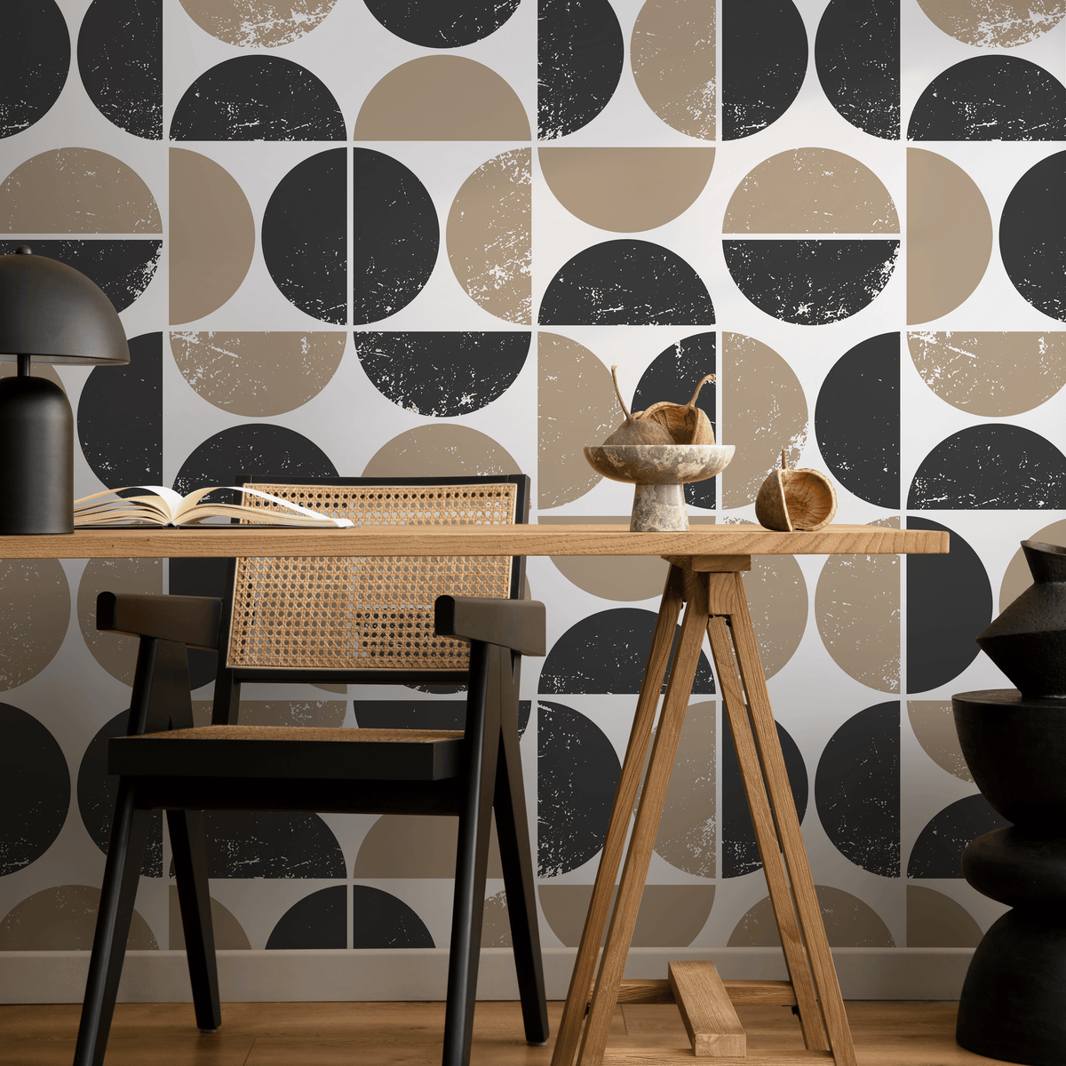 Geometric Wallpaper with a Distressed Circle Motif in Black and Taupe - detail view