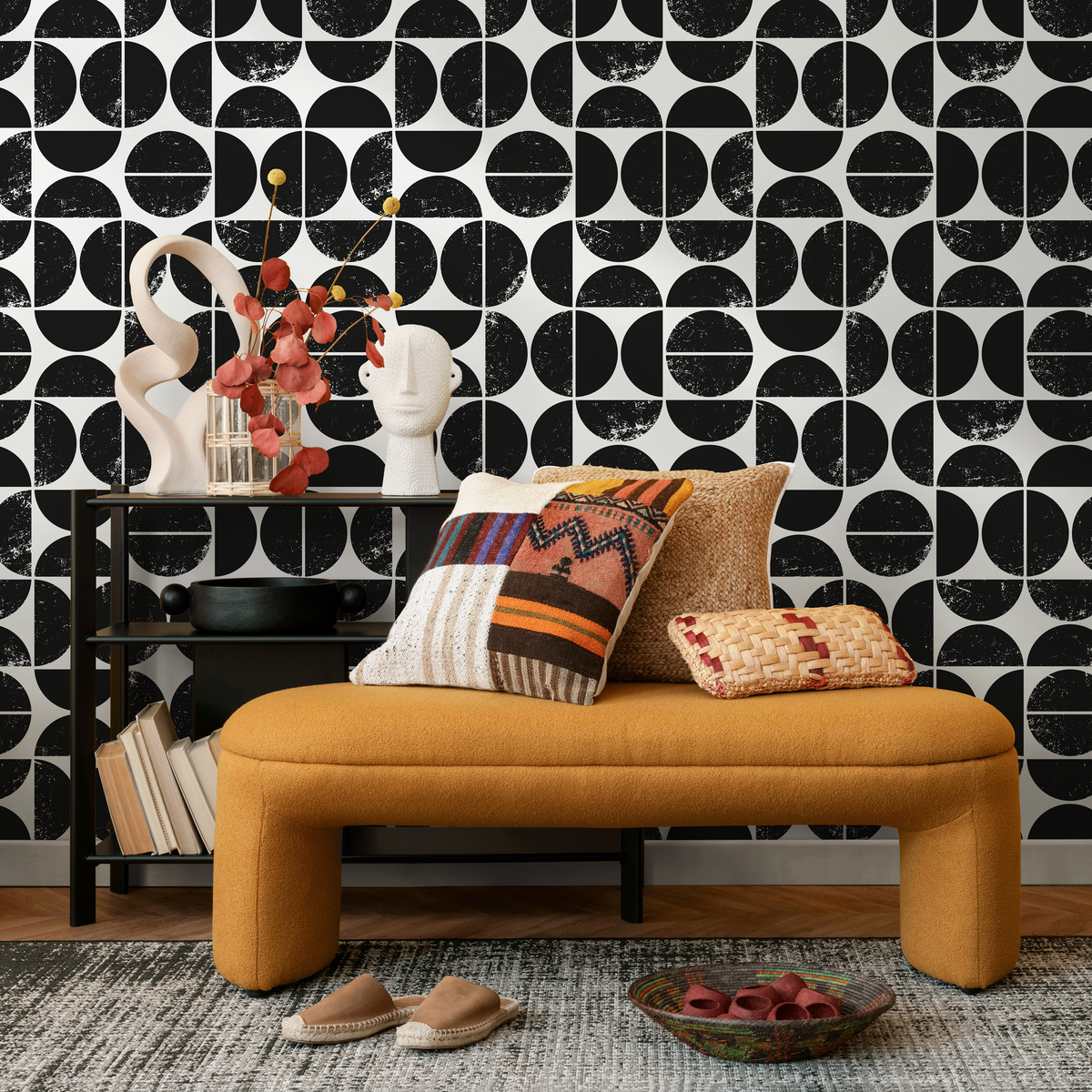 Modern Geometric Wallpaper with a Distressed Semi-Circle Motif in Black and White - detail view