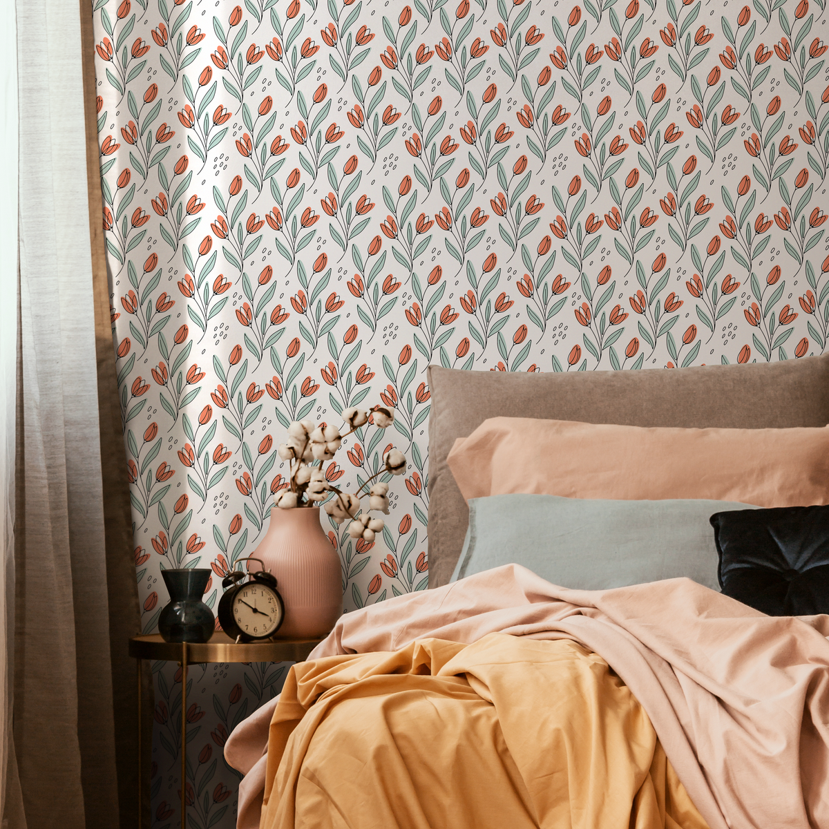 Floral Wallpaper Featuring Stylized Tulips in Orange, Green, and Black - detail view
