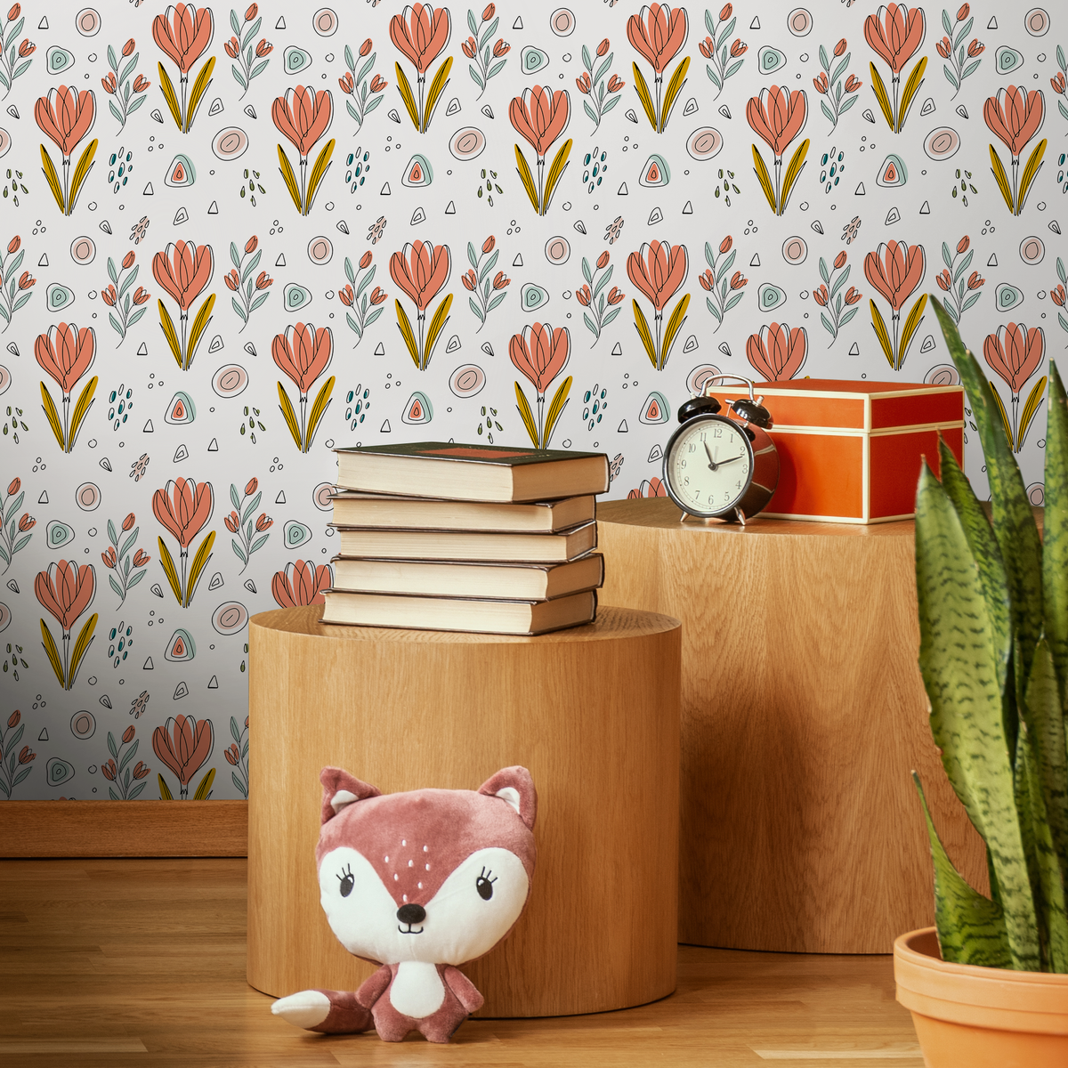 Scandinavian Wallpaper with Stylized Tulips in Coral, Teal, and Mustard Yellow - detail view