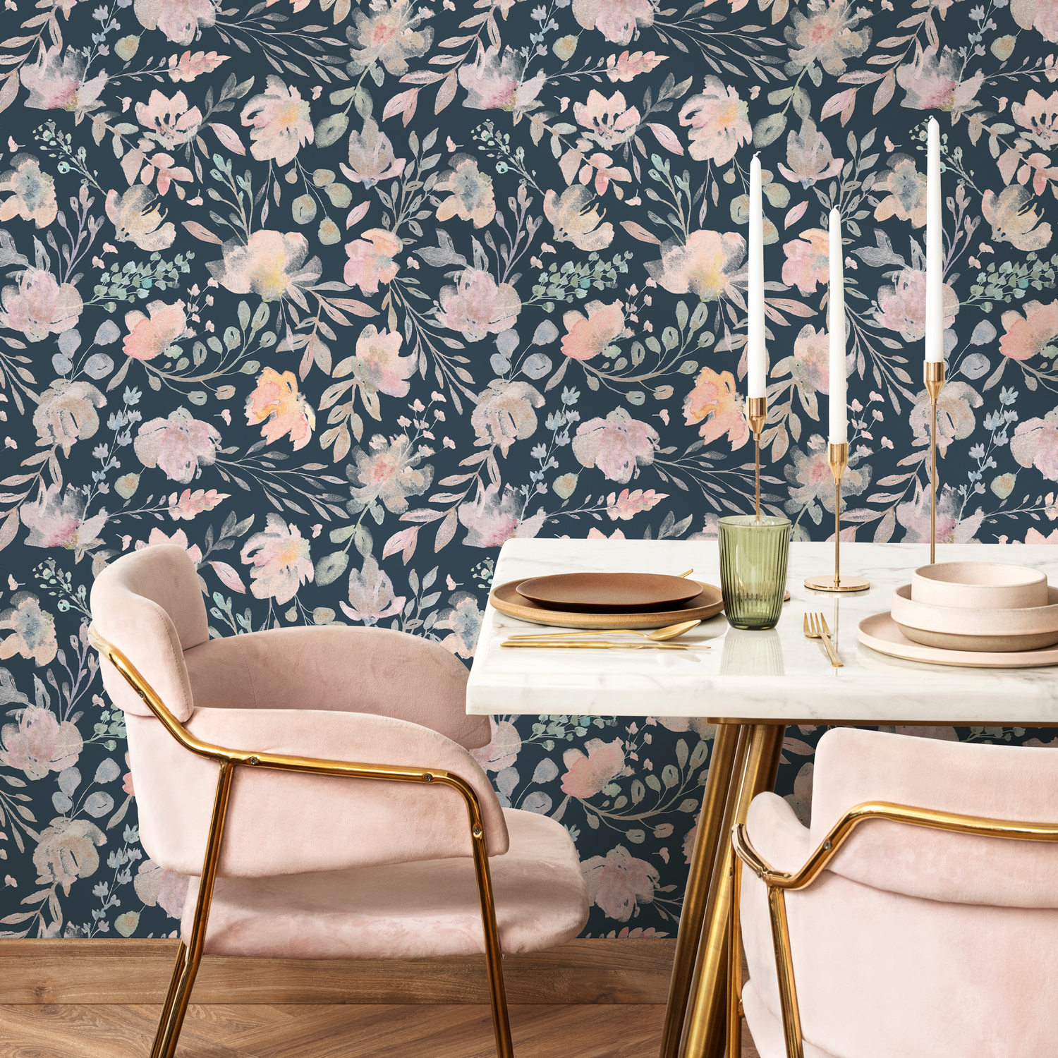 Floral Wallpaper with Watercolor Blooms in Dark Blue, Pink, and Green - C034