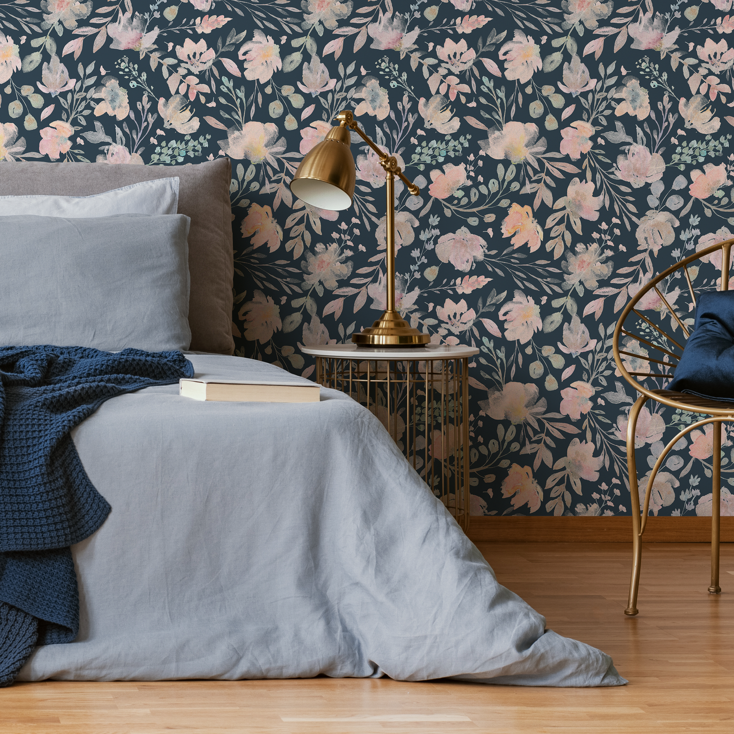 Floral Wallpaper with Watercolor Blooms in Dark Blue, Pink, and Green - C034
