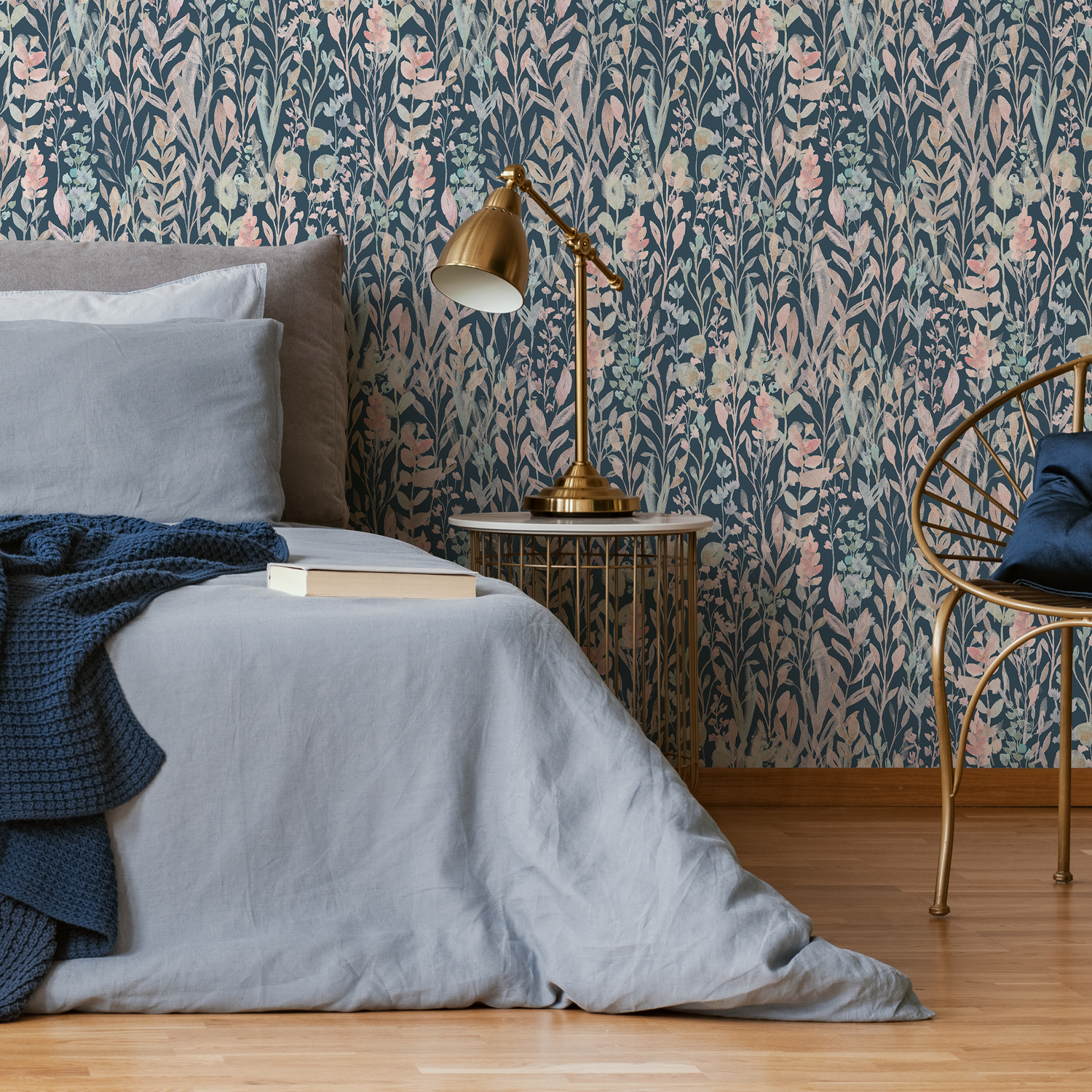Botanical Wallpaper with a Wildflower Motif in Dark Blue, Pink, and Light Blue - C035