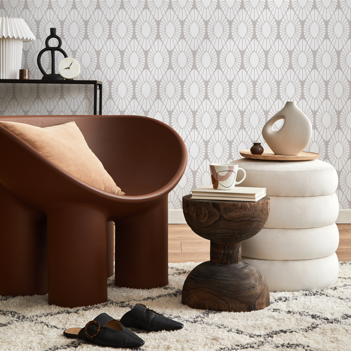 Art Deco Wallpaper with a Geometric Sunburst Motif in Greige - detail view