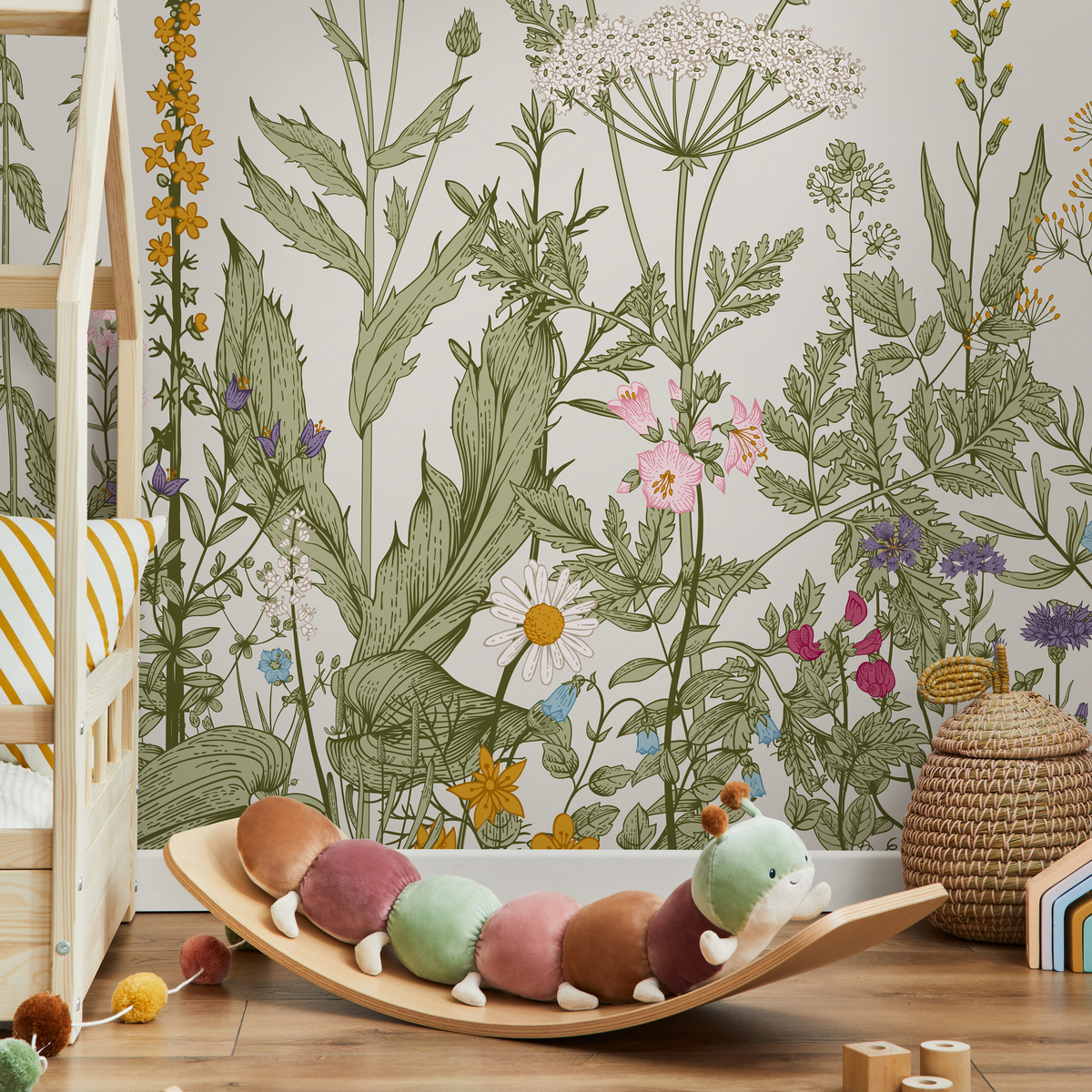 Botanical Wallpaper Featuring a Wildflower Meadow in Green, Pink, and Blue - detail view