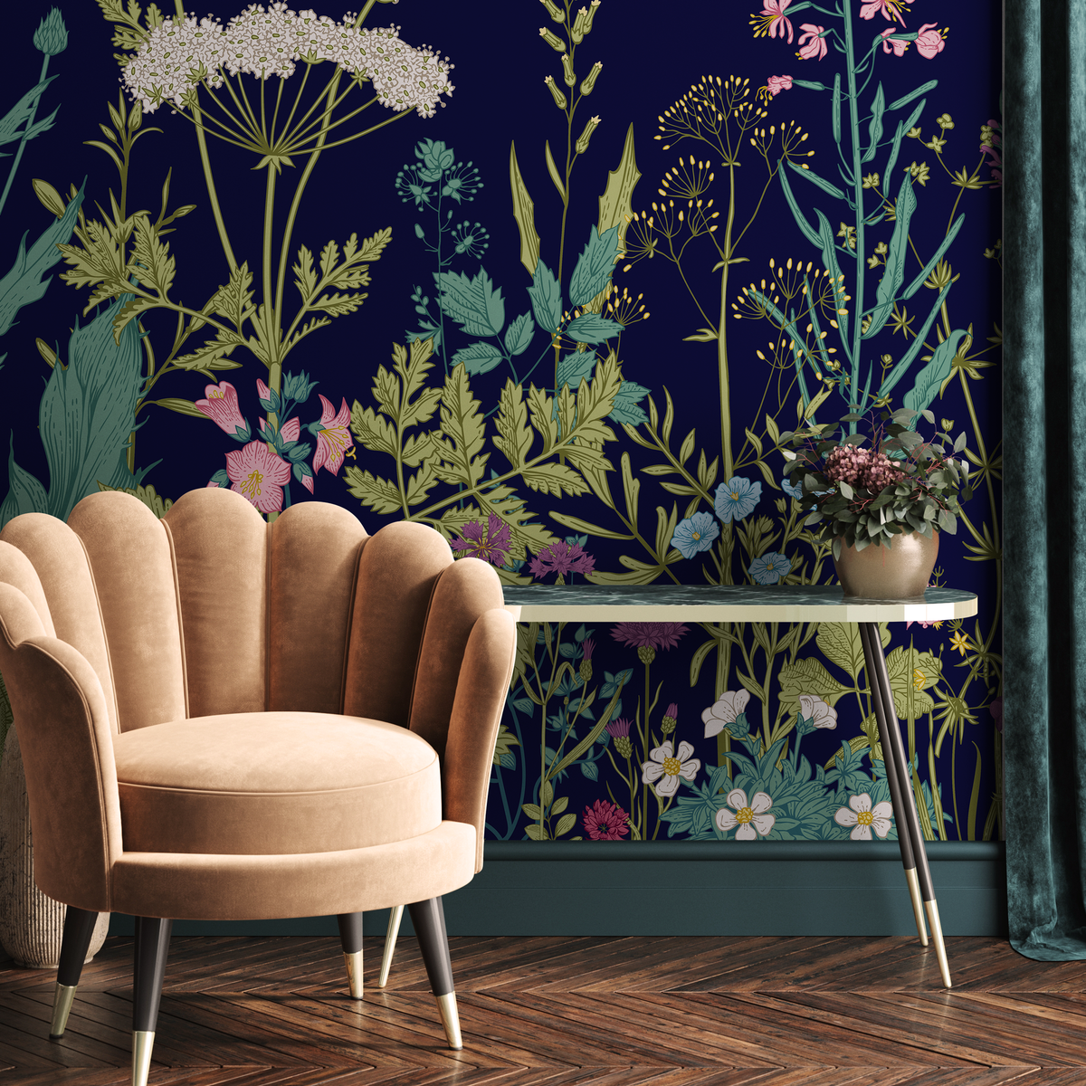 Botanical Wallpaper Featuring a Wildflower Meadow in Navy Blue, Green, and Pink - detail view