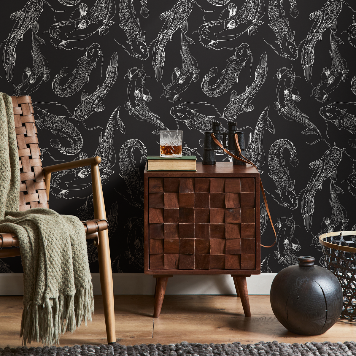 Koi Fish Wallpaper Featuring Illustrative Fish in Black and White - detail view