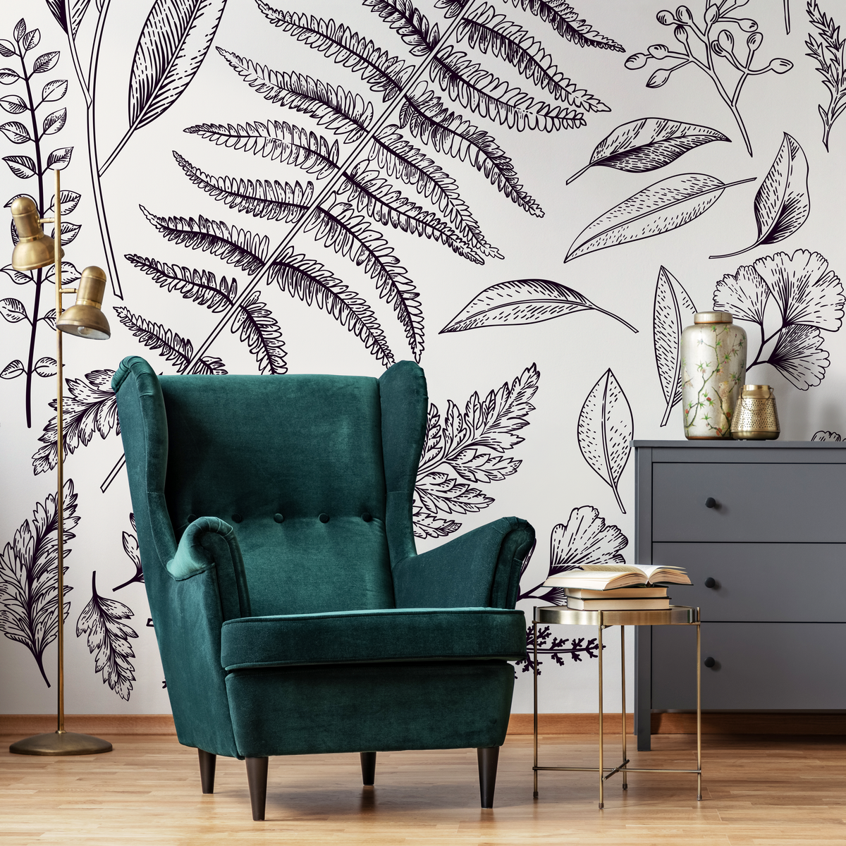 Botanical Wallpaper with an Illustrated Leaf Motif in Black and Beige - detail view