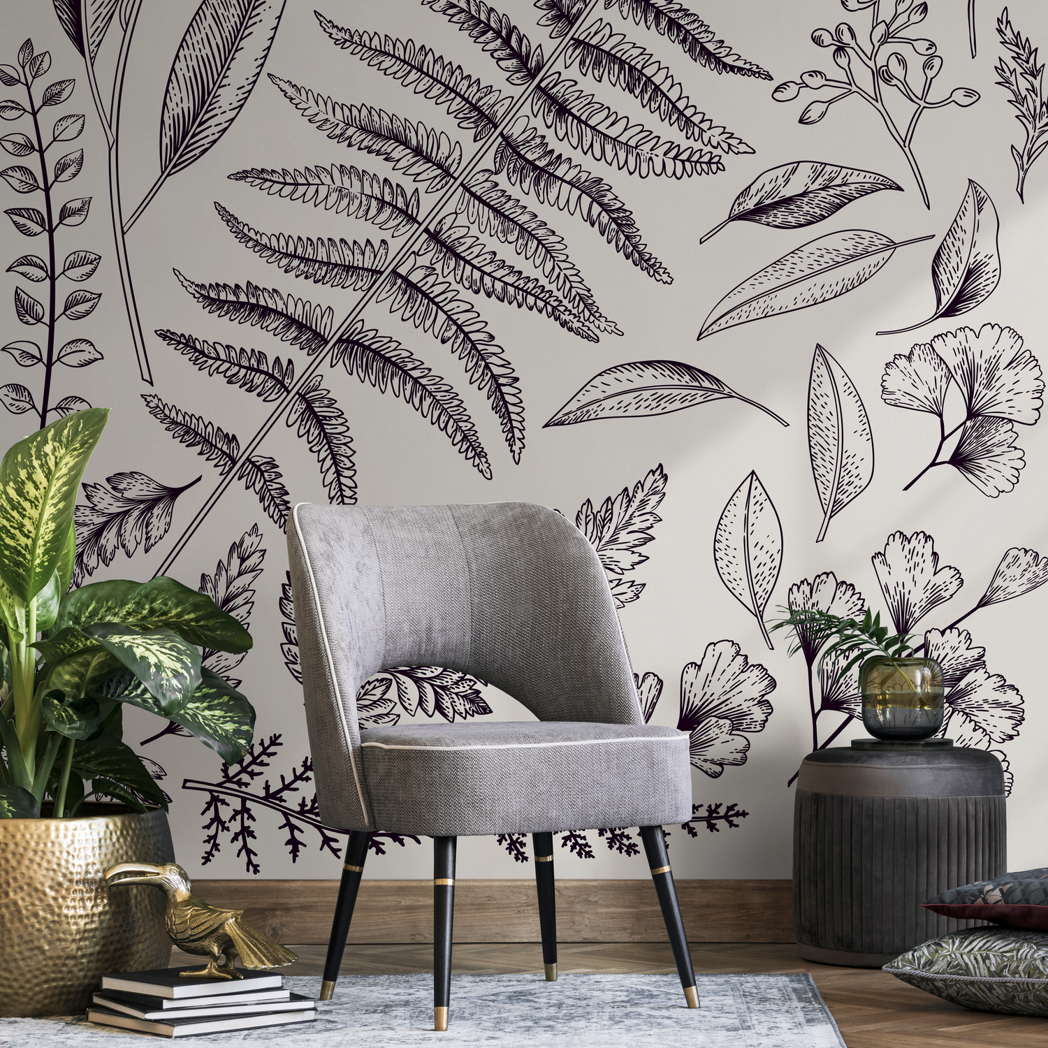 Botanical Wallpaper with an Illustrated Leaf Motif in Black and Beige - C041