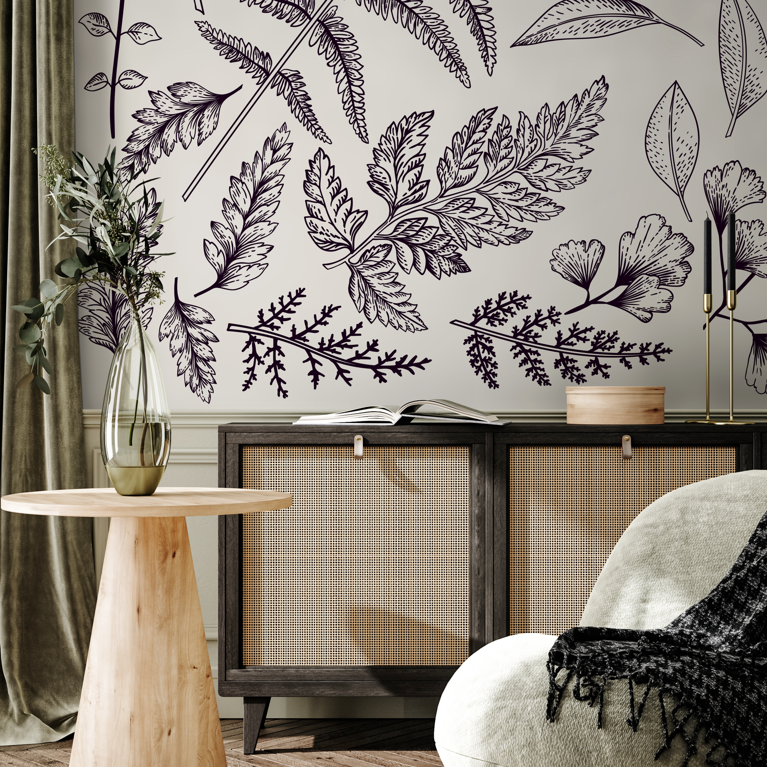 Botanical Wallpaper with an Illustrated Leaf Motif in Black and Beige - C041