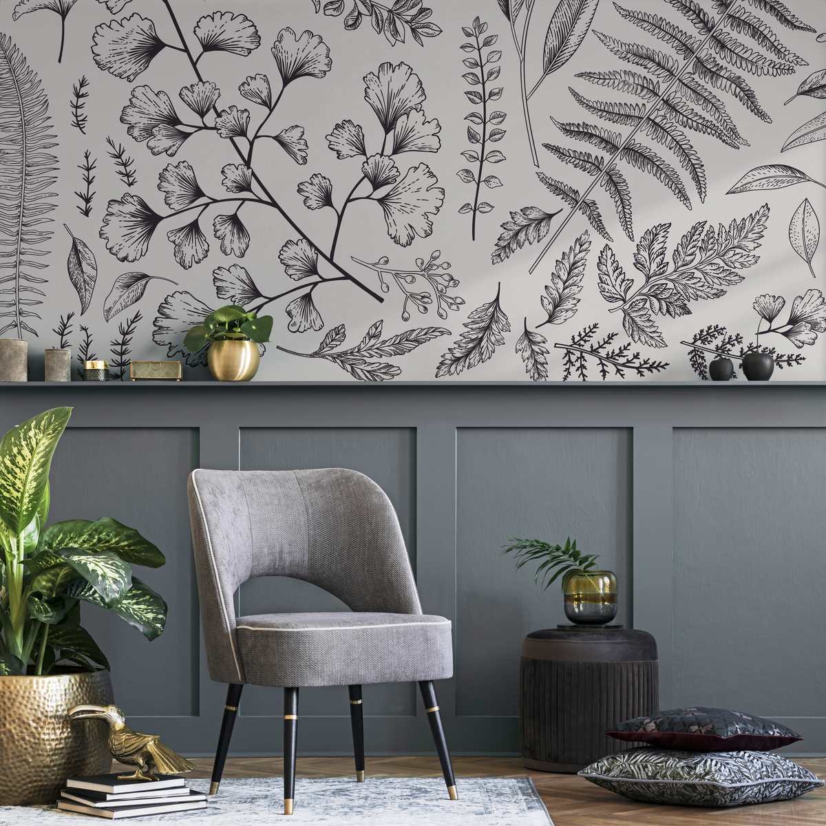Botanical Wallpaper with Ginkgo and Fern Line Art in Black and Cream - detail view