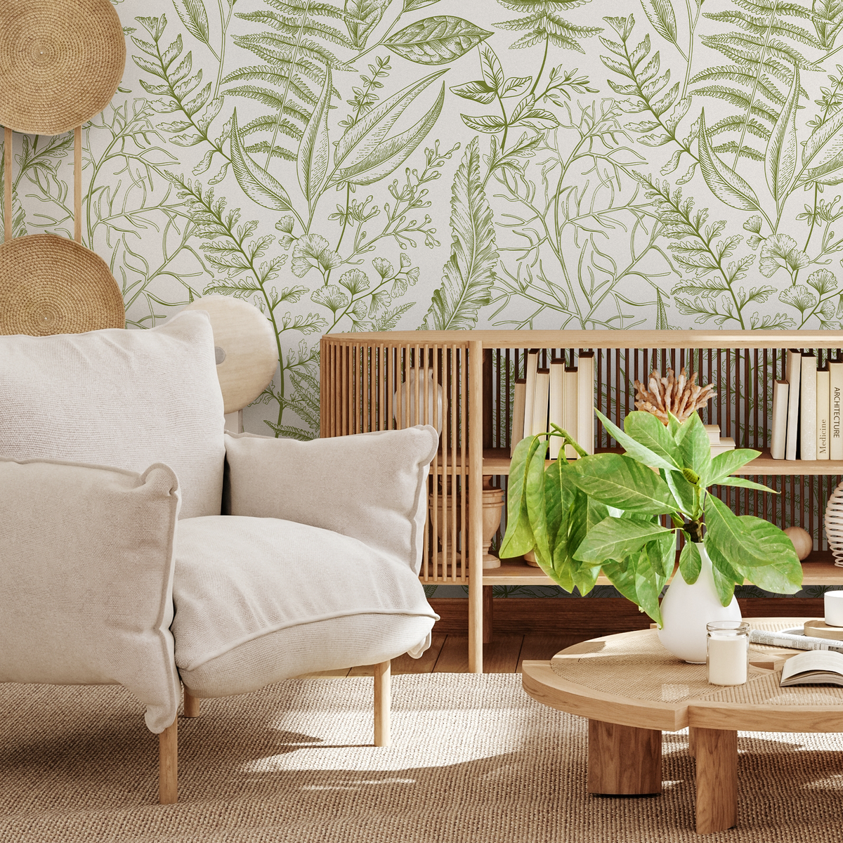 Botanical Wallpaper with a Illustration of Ferns and Leaves in Green - detail view