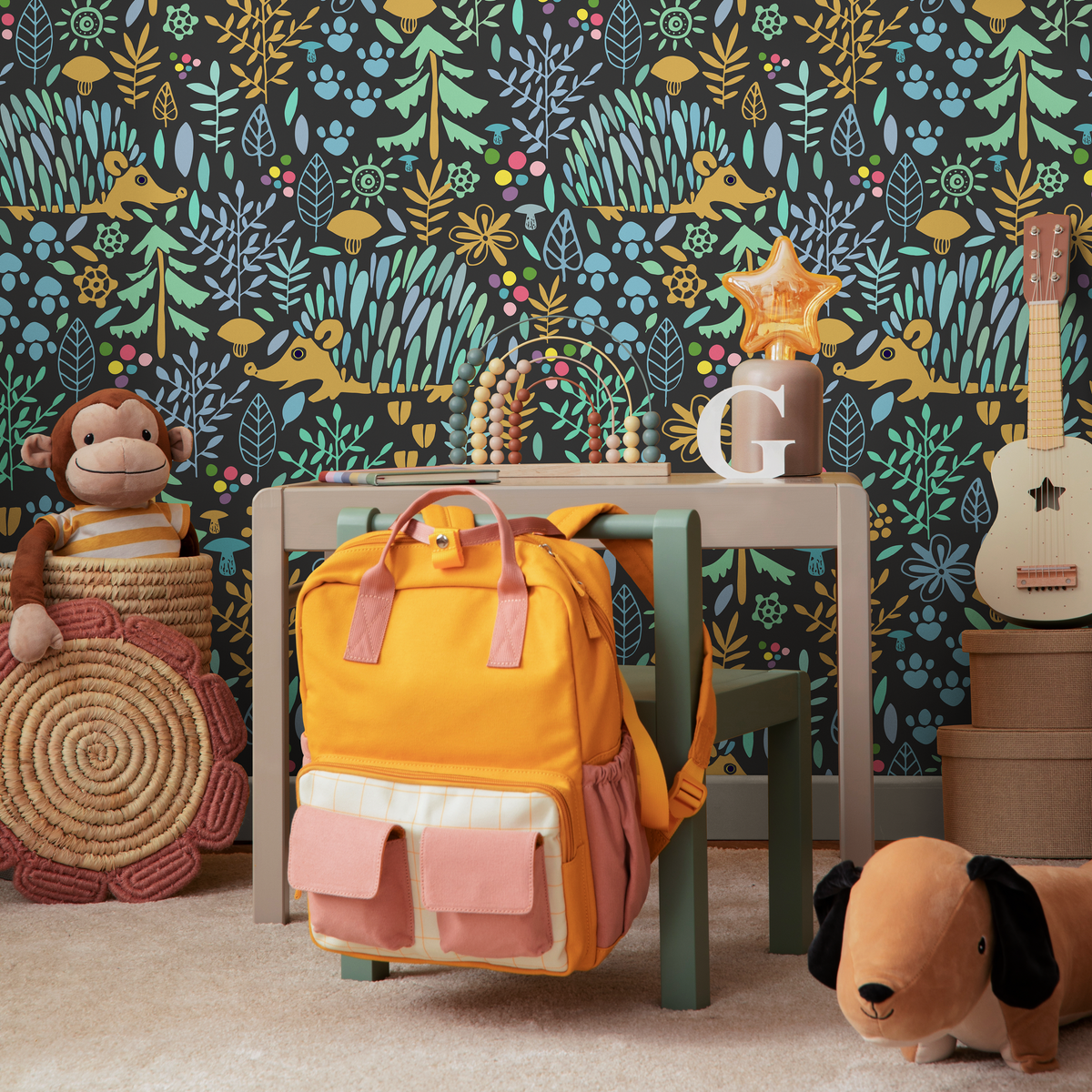 Woodland Wallpaper with Foxes and Flora in Blue, Yellow, and Green - detail view