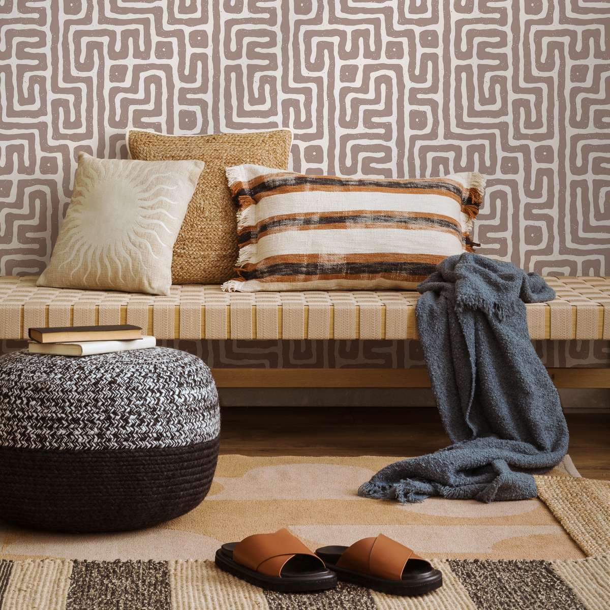 Geometric Wallpaper with a Tribal Labyrinth Motif in Brown and White - detail view