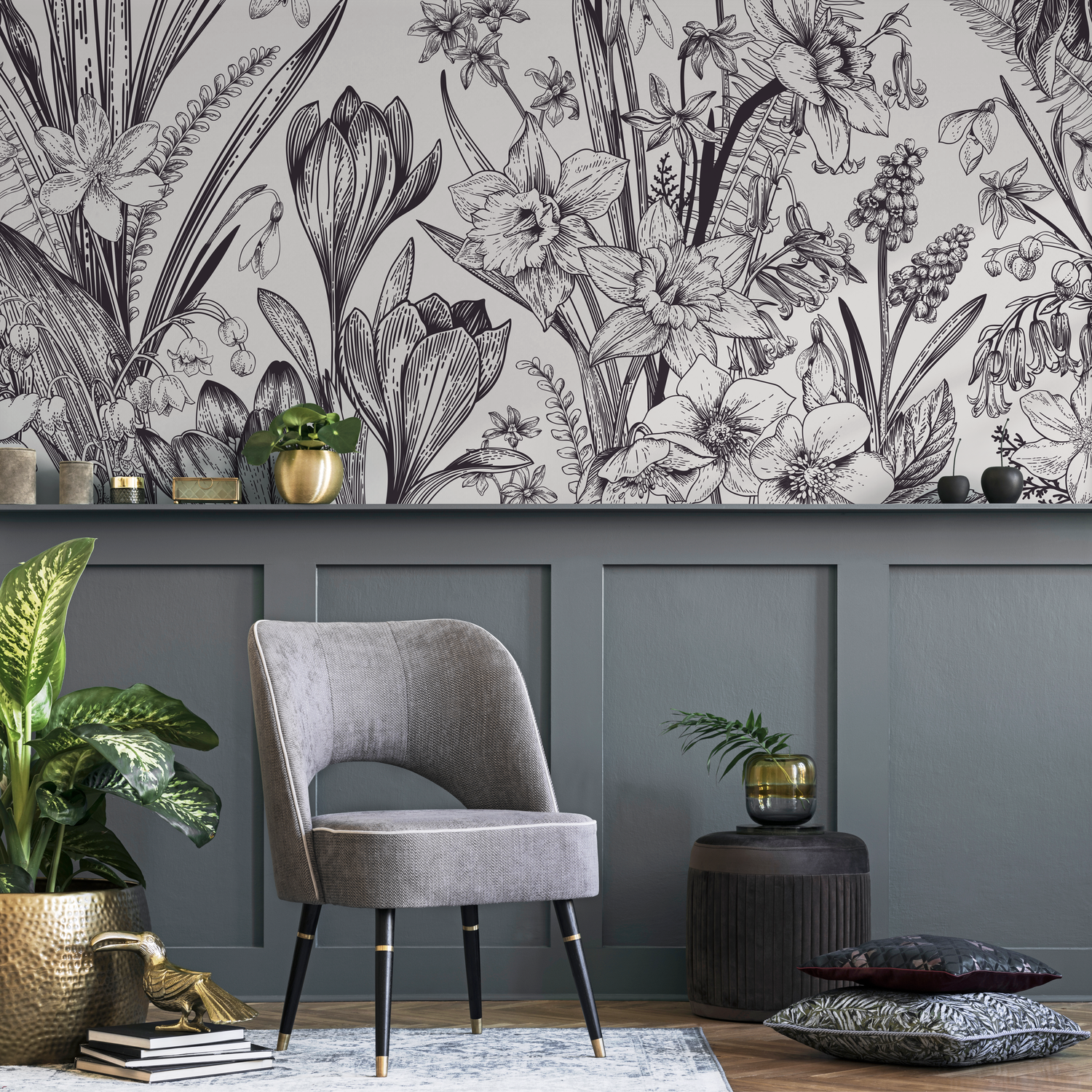 Botanical Wallpaper with Vintage Spring Flowers in Black and White - C049