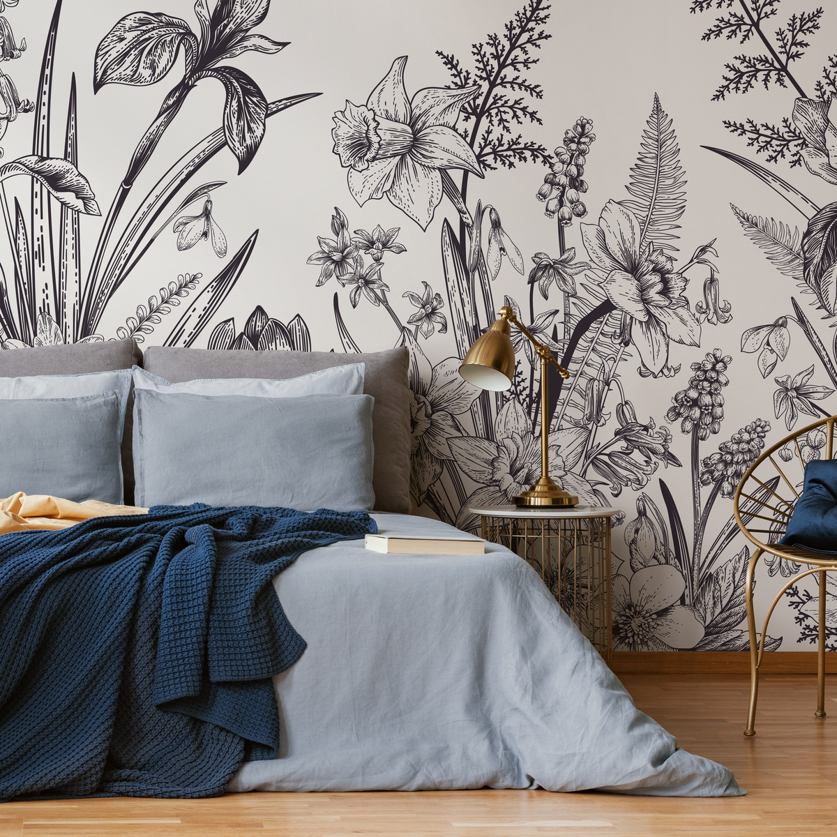 Botanical Wallpaper with Vintage Spring Flowers in Dark Purple and Cream - detail view