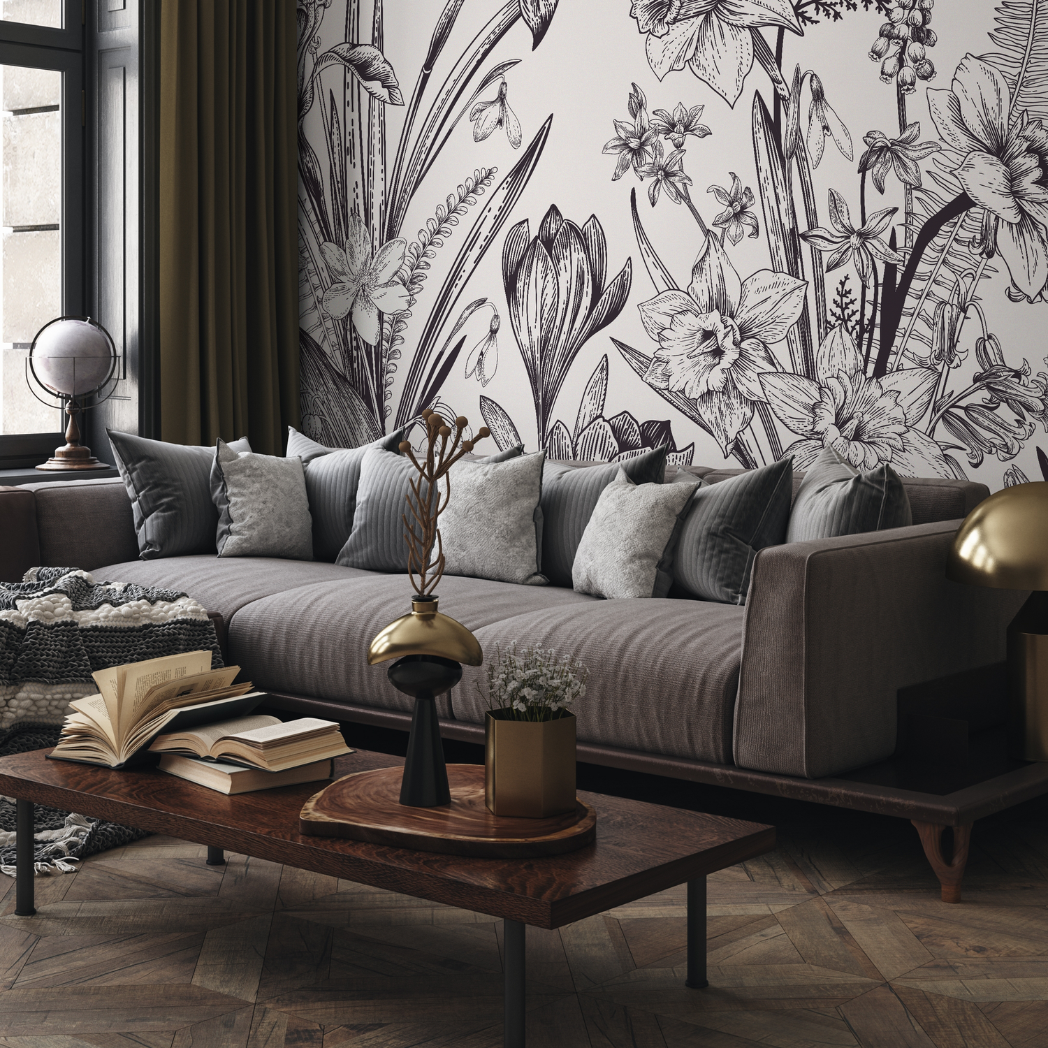 Botanical Wallpaper with Vintage Spring Flowers in Black and White - C049
