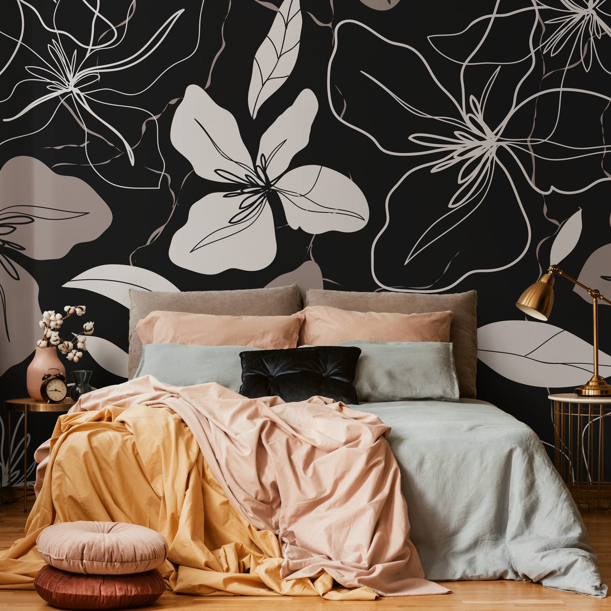 Floral Wallpaper with Elegant Line Art Flowers in Black and Beige - detail view