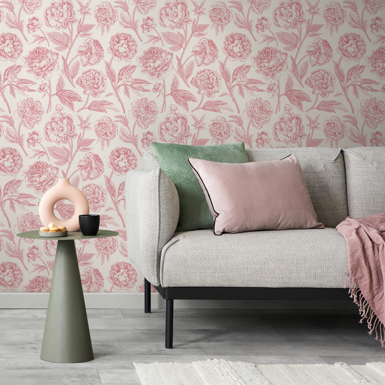 Floral Wallpaper with Vintage Peony Blooms in Pink and Cream - C052