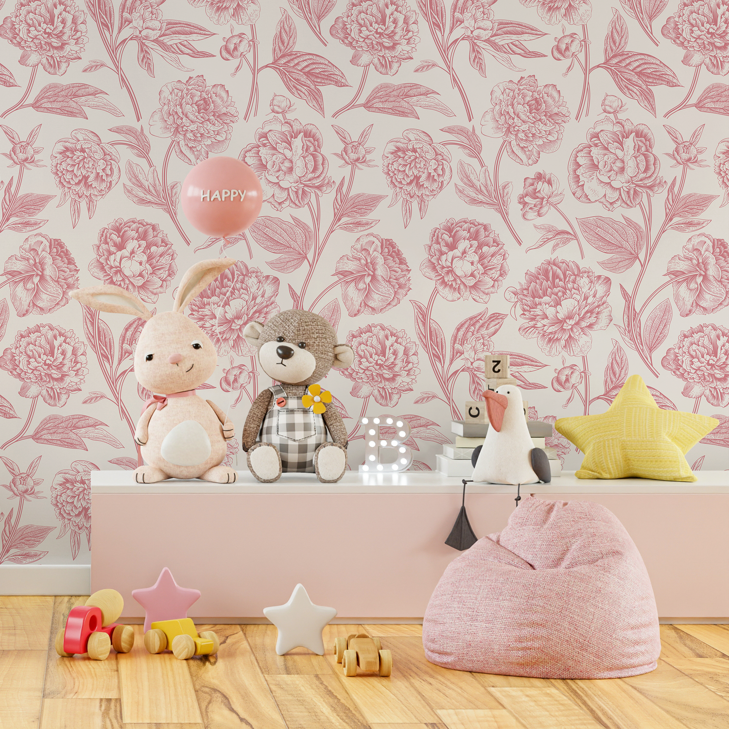 Floral Wallpaper with Vintage Peony Blooms in Pink and Cream - C052